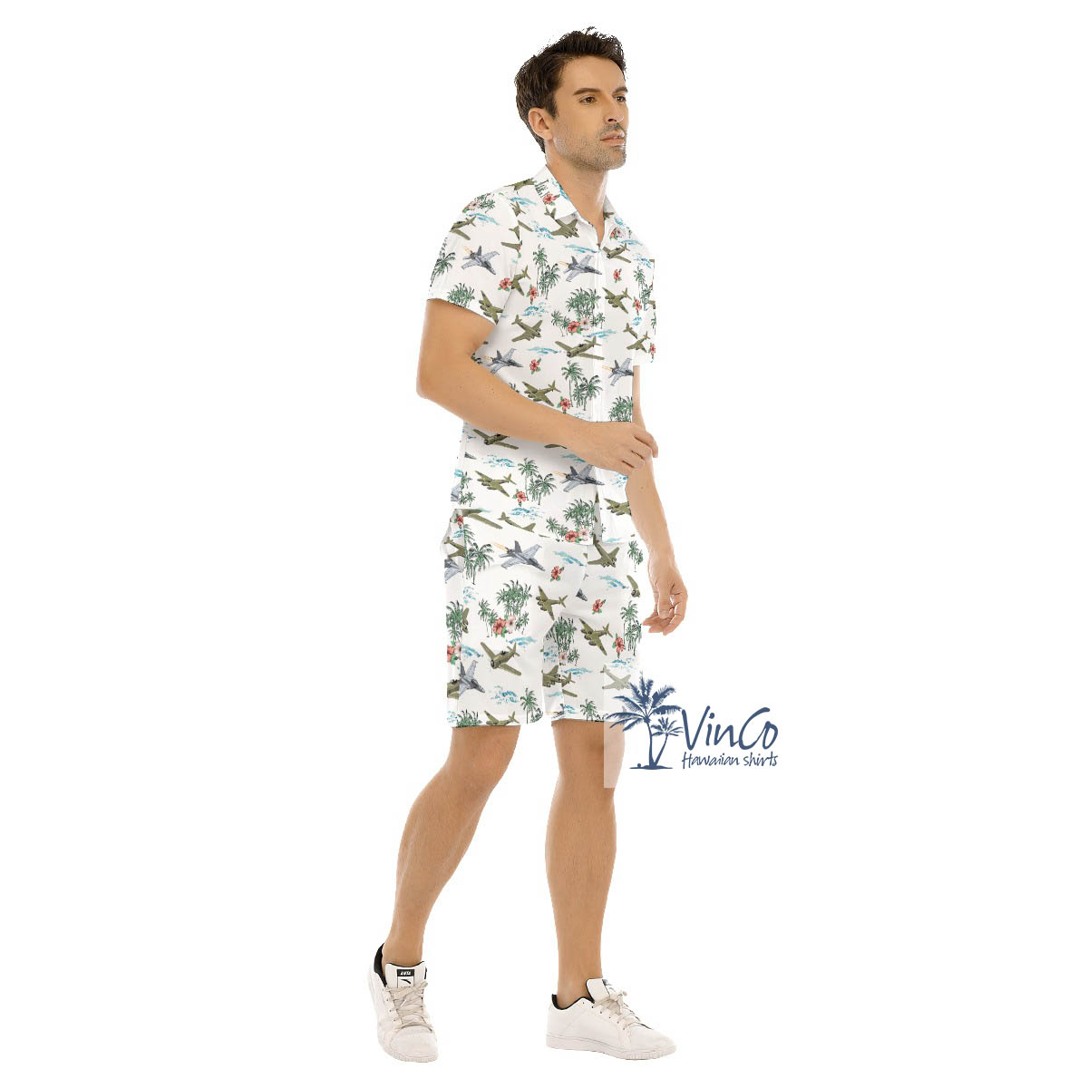 Set Bomber Planes Tropical Palm Tree Hawaiian Shirt And Shorts For Men