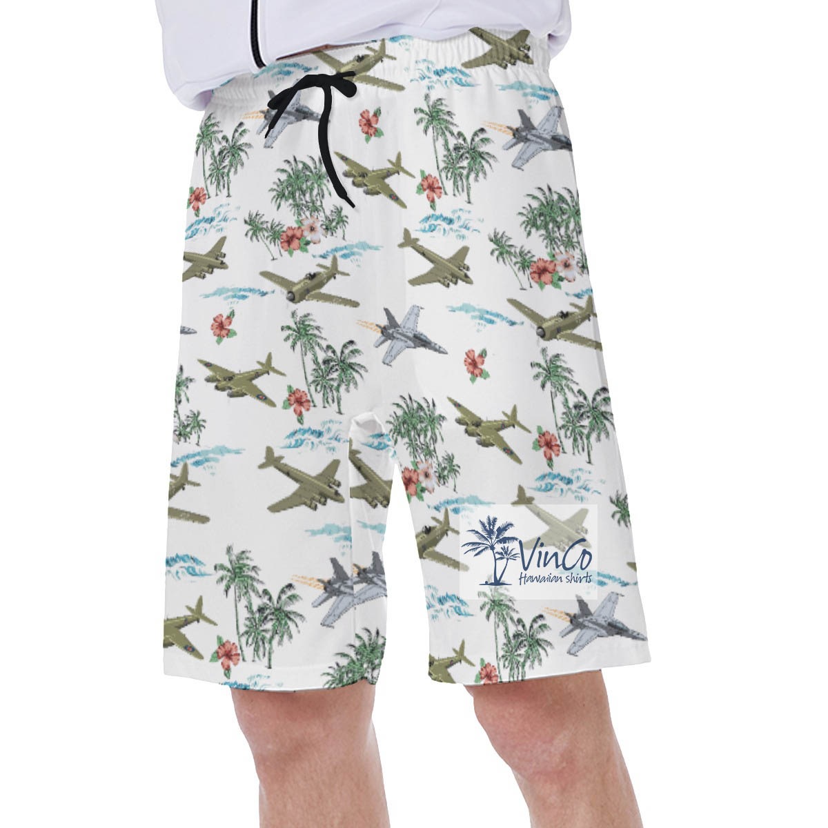 Tropical Bomber Airplanes Hibiscus Hawaiian Swim Trunks
