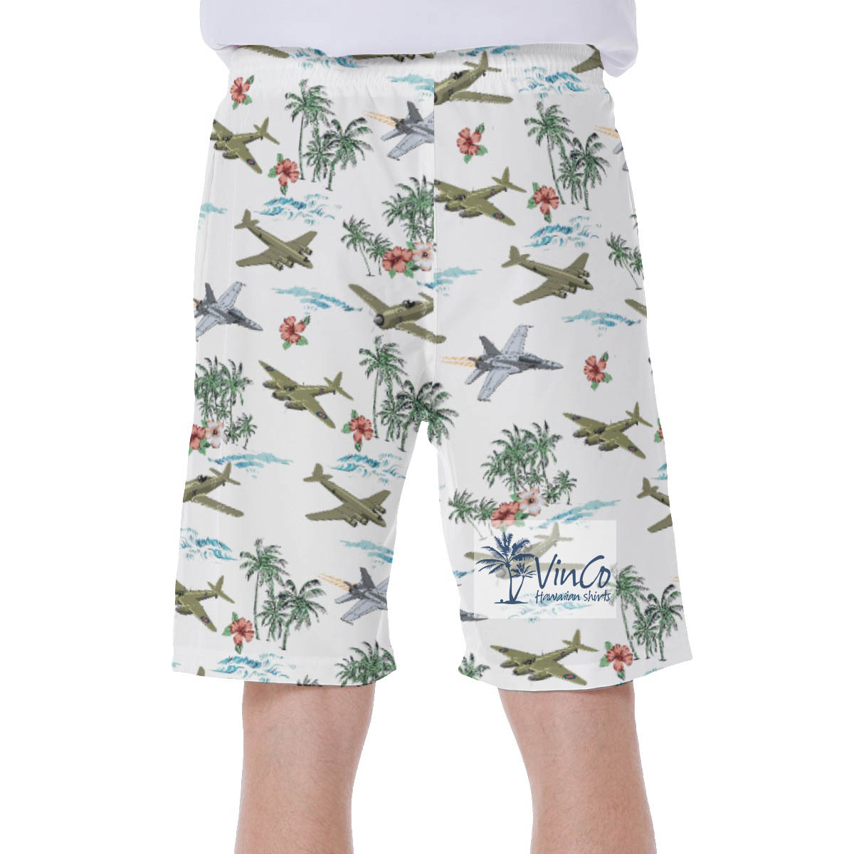 Tropical Bomber Airplanes Hibiscus Hawaiian Swim Trunks