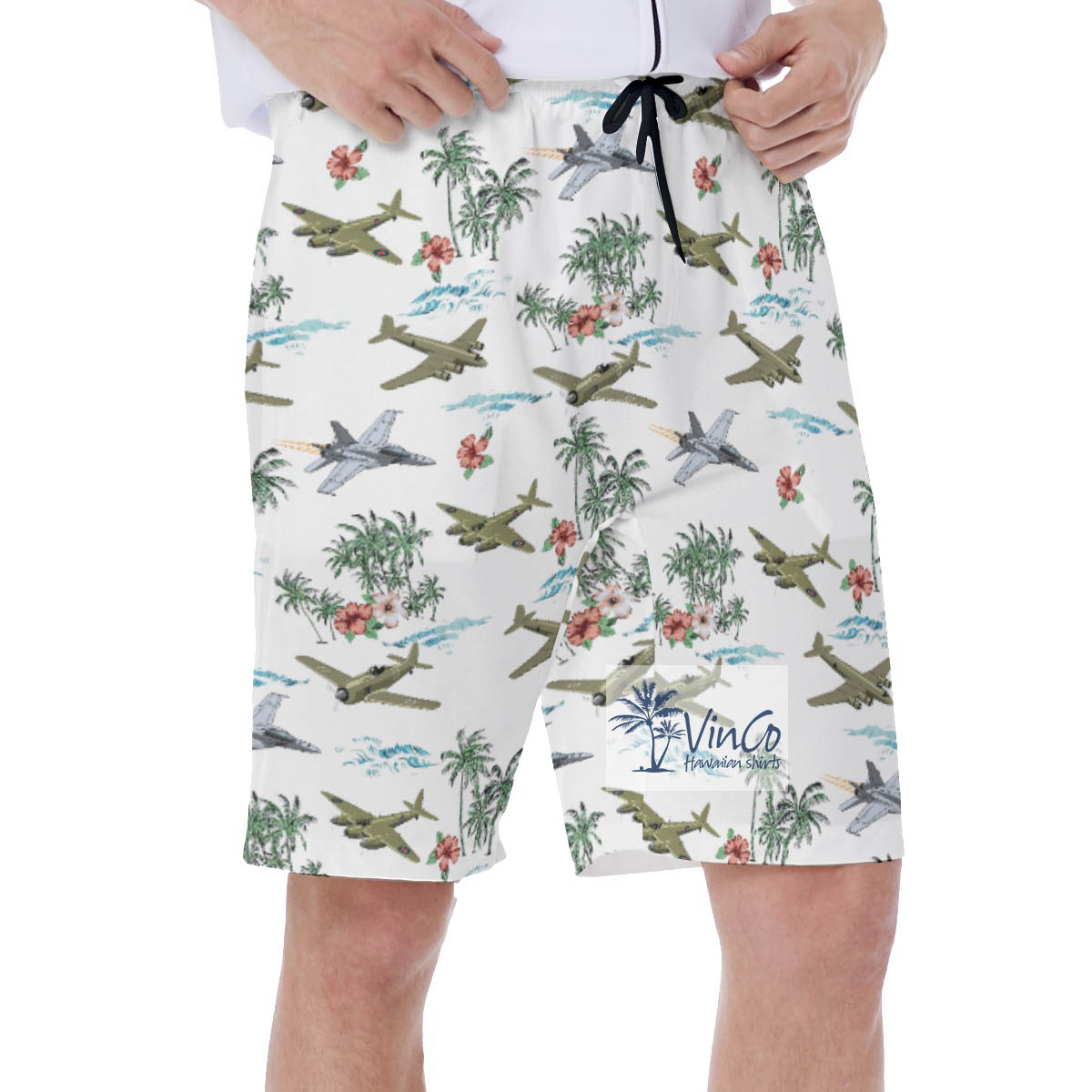Tropical Bomber Airplanes Hibiscus Hawaiian Swim Trunks