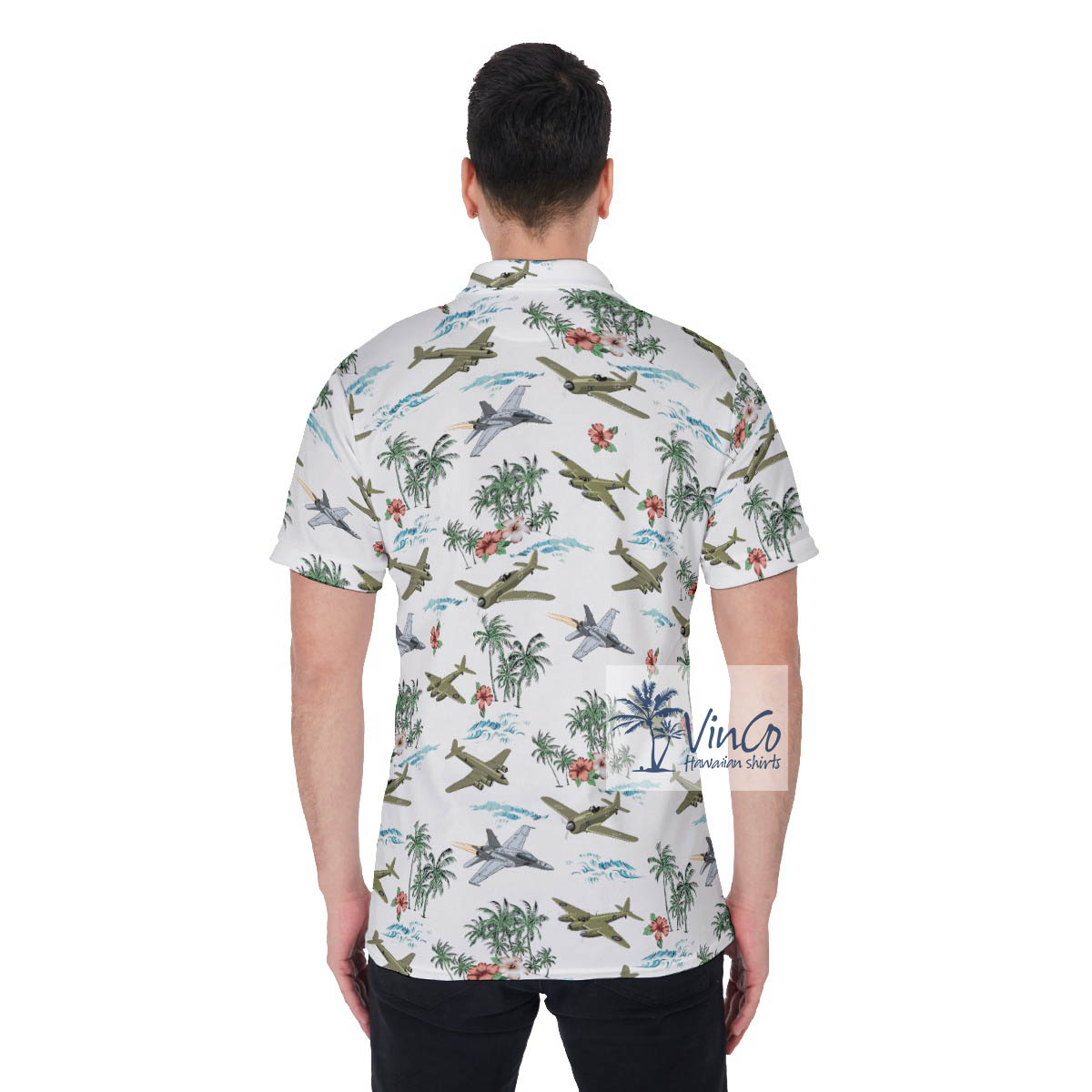 Tropical Palm Tree Airplanes Floral Hawaiian Polo Shirt