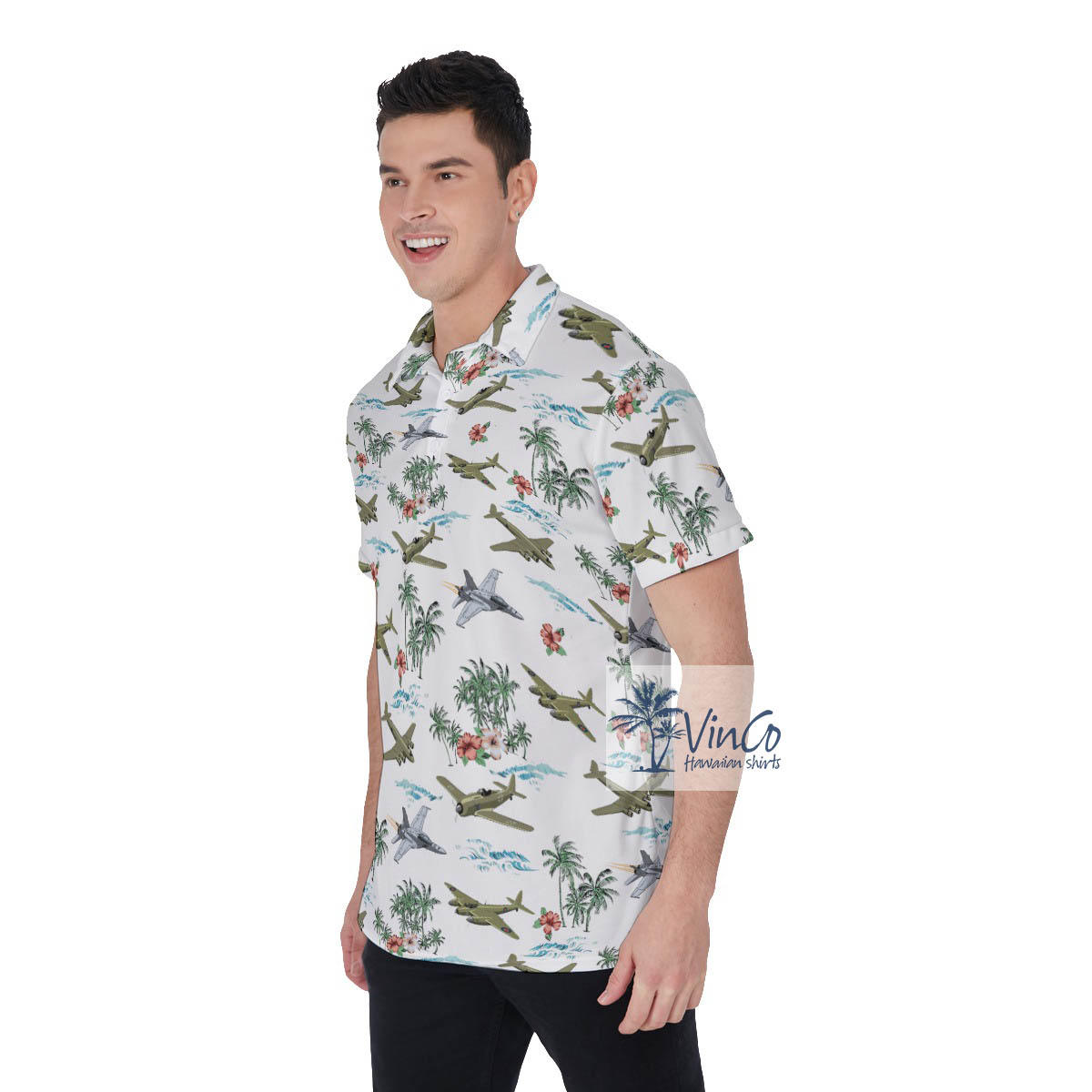 Tropical Palm Tree Airplanes Floral Hawaiian Polo Shirt
