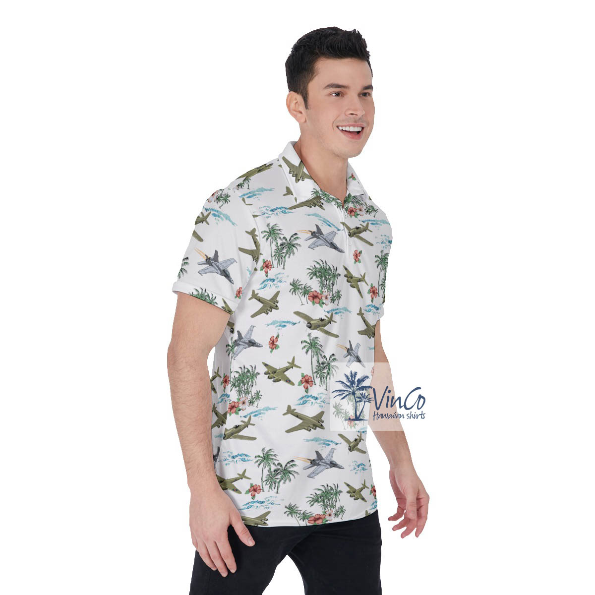 Tropical Palm Tree Airplanes Floral Hawaiian Polo Shirt