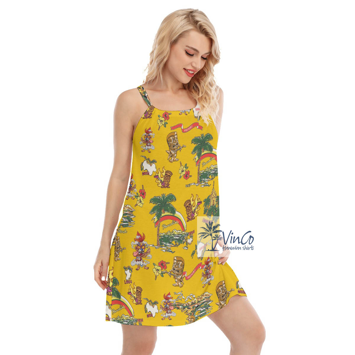 Funny Tiki Guitar Tropical Hibiscus Yellow Hawaiian Cami Dress