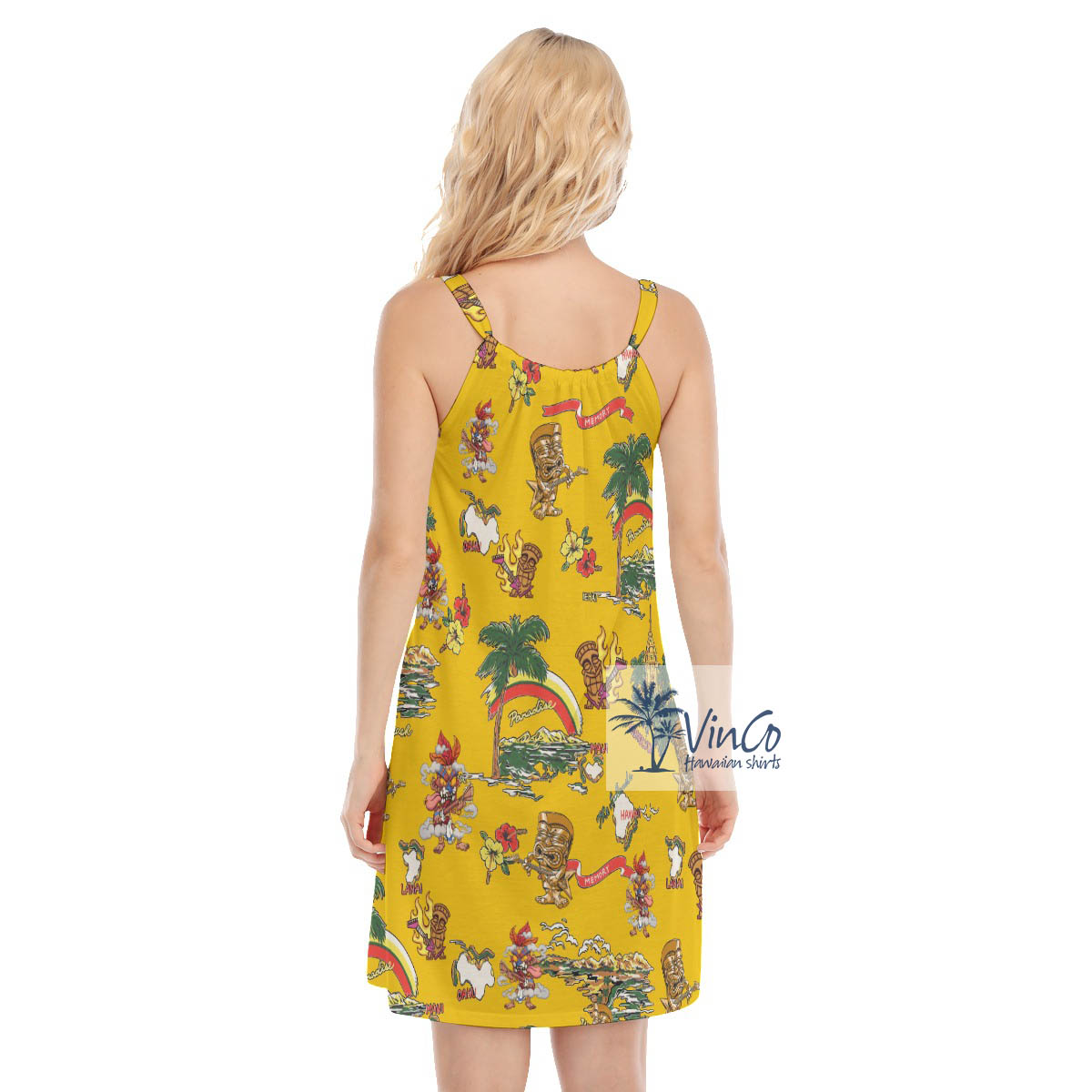 Funny Tiki Guitar Tropical Hibiscus Yellow Hawaiian Cami Dress