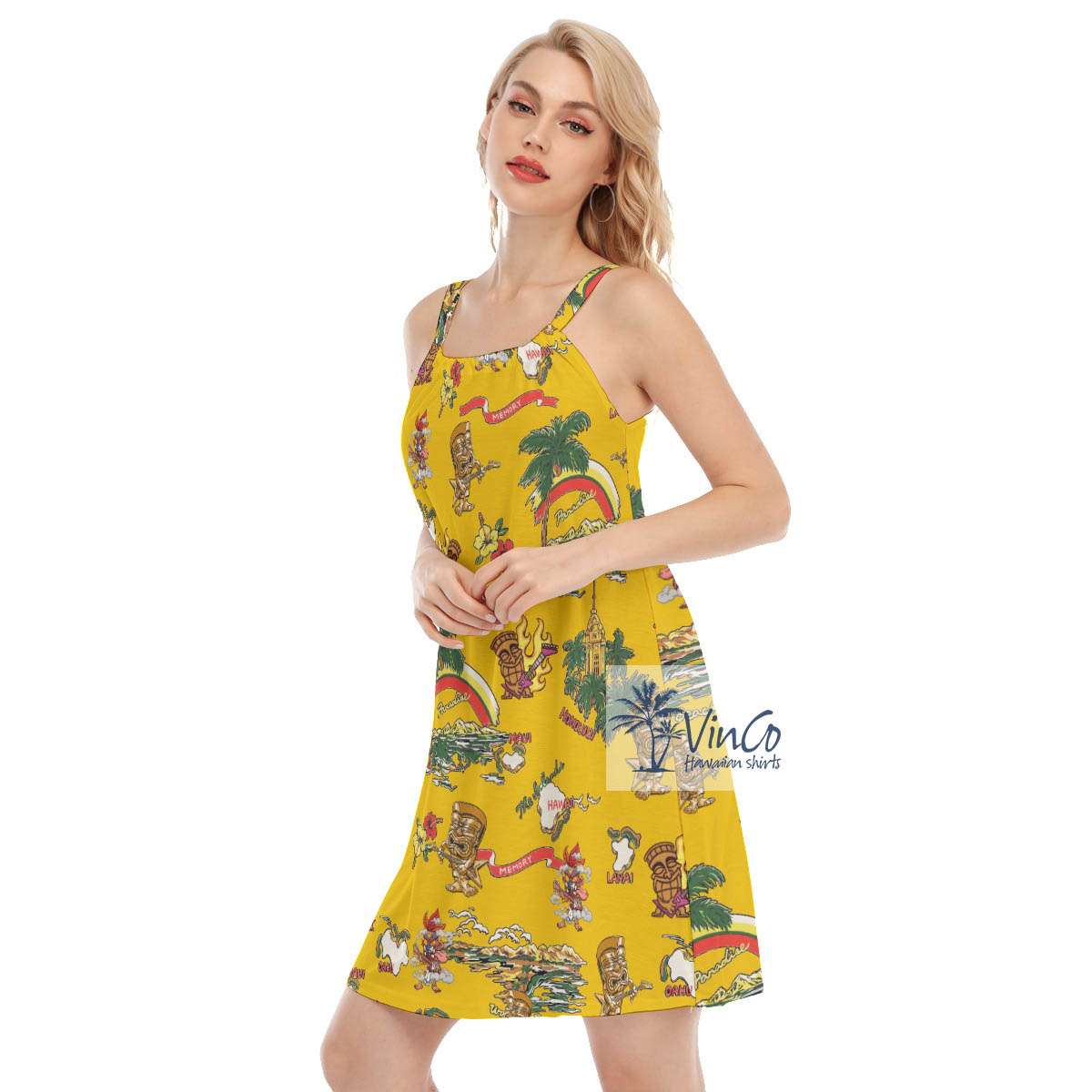 Funny Tiki Guitar Tropical Hibiscus Yellow Hawaiian Cami Dress