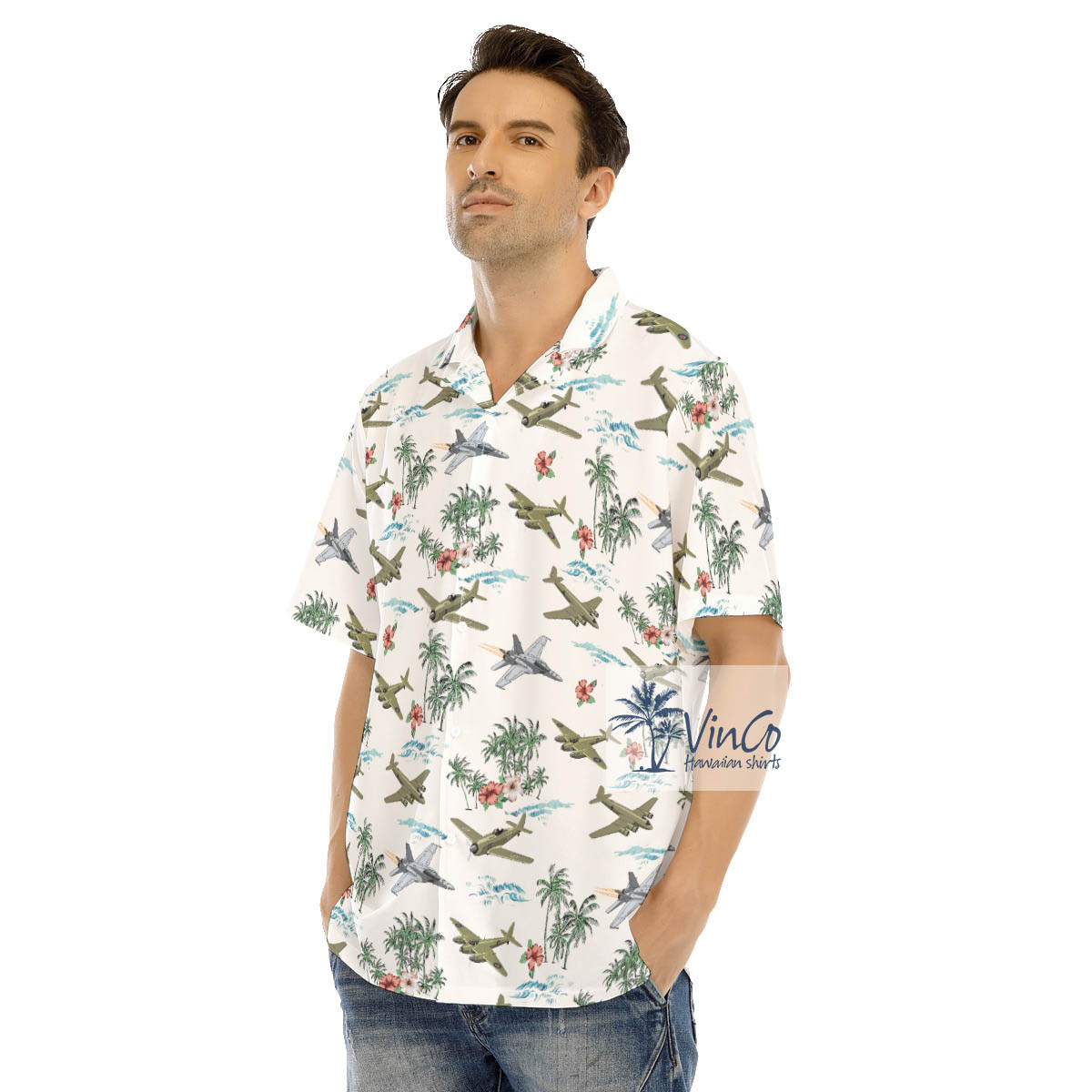 Palm Tree Tropical Fighter Airplanes Hawaiian Shirt