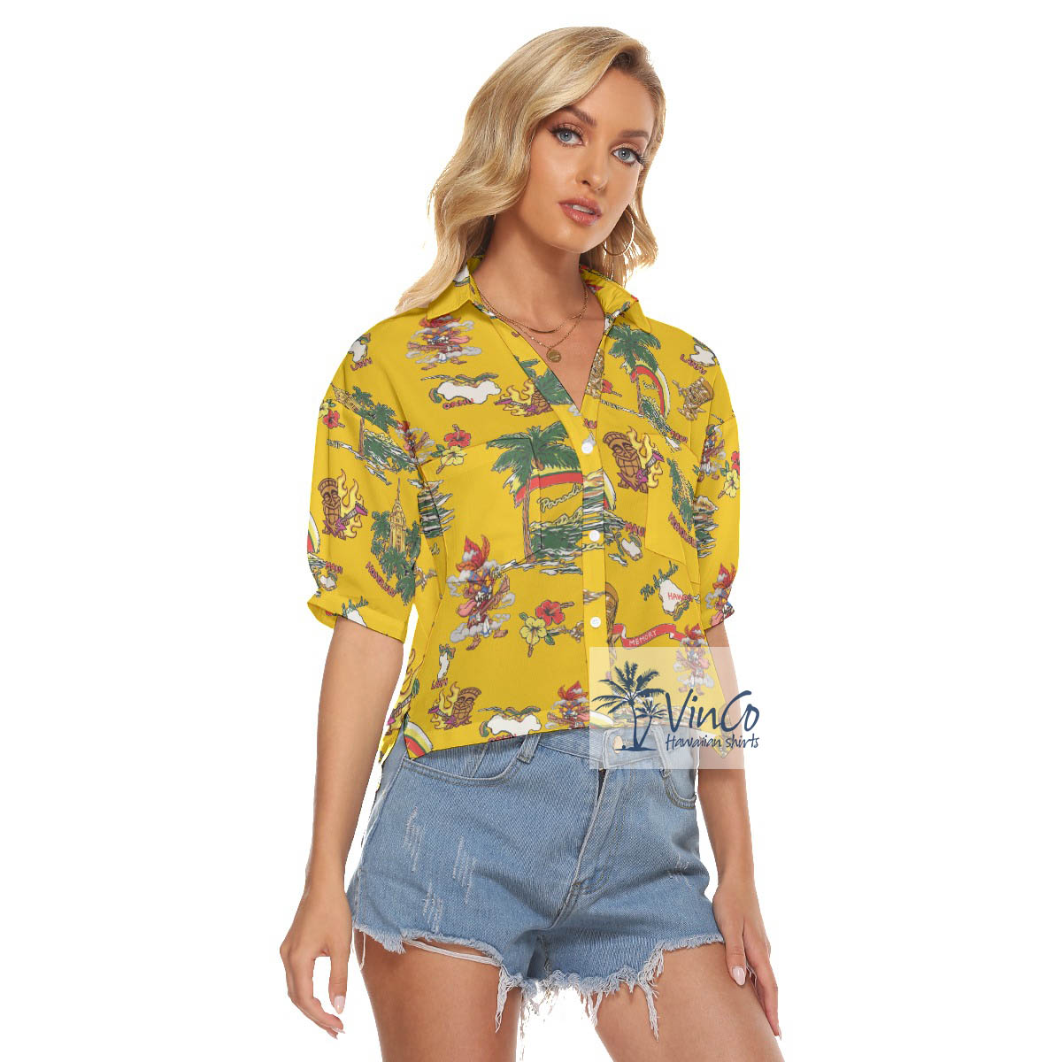 Tropical Tiki Guitar Vintage Aloha Cropped Shirt