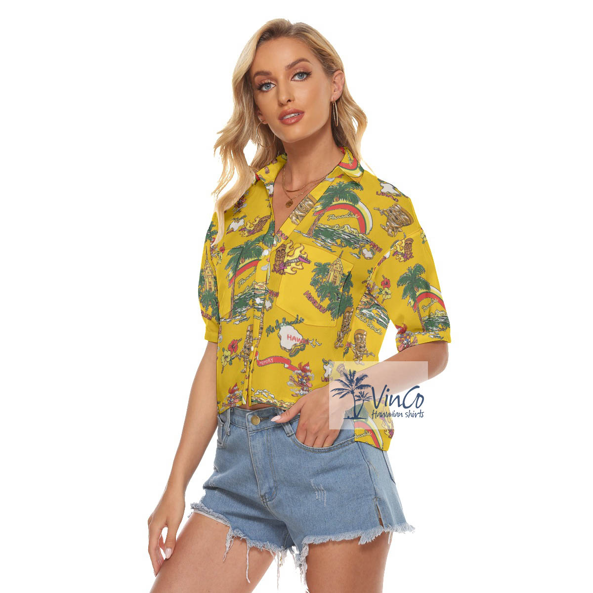 Tropical Tiki Guitar Vintage Aloha Cropped Shirt