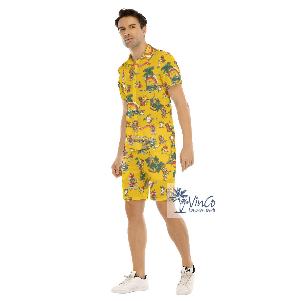 Funny Tiki Guitar Tropical Vintage Hawaiian Shirt And Shorts For Men