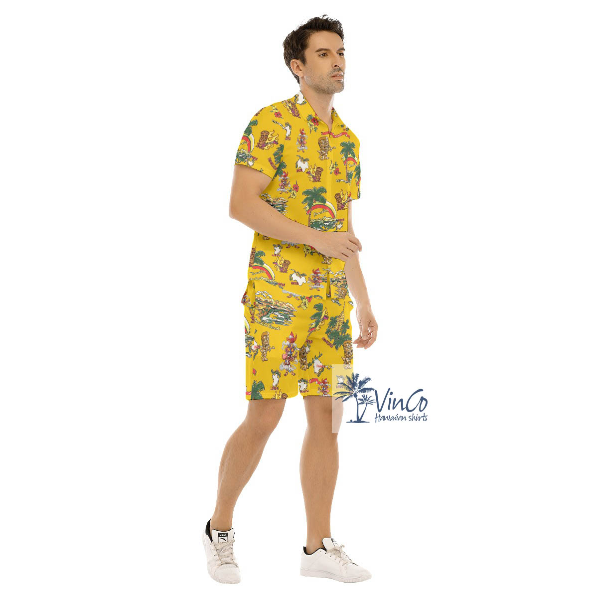 Funny Tiki Guitar Tropical Vintage Hawaiian Shirt And Shorts For Men