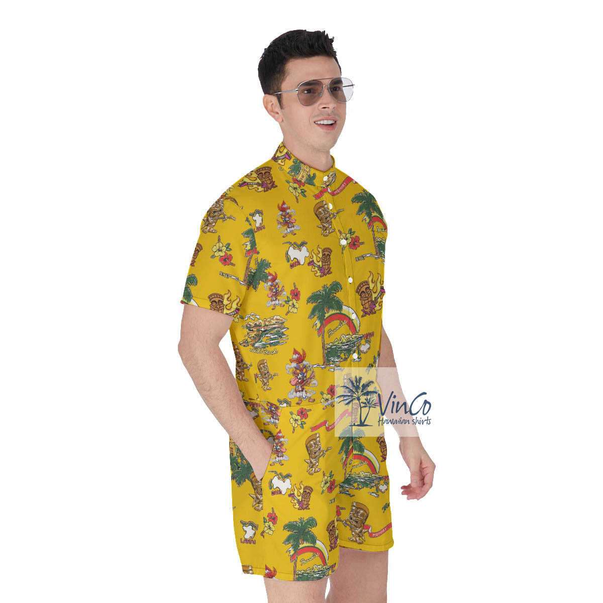 Funny Tiki Playing Guitar Tropical Islands Men's Hawaiian Romper