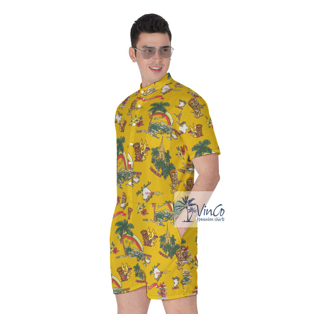 Funny Tiki Playing Guitar Tropical Islands Men's Hawaiian Romper