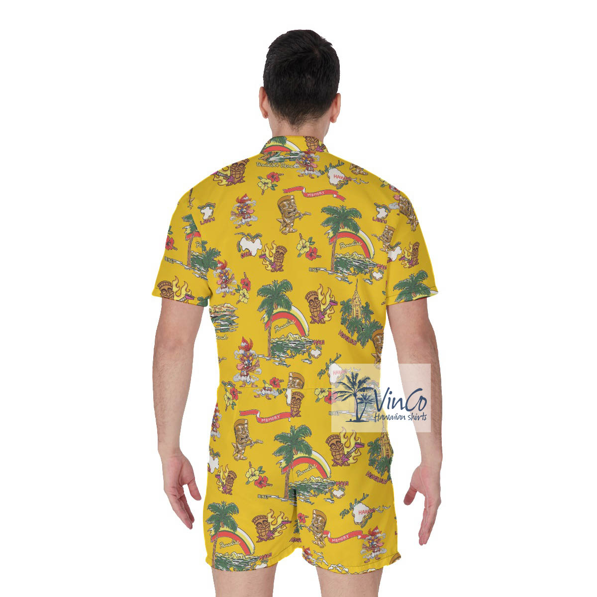 Funny Tiki Playing Guitar Tropical Islands Men's Hawaiian Romper