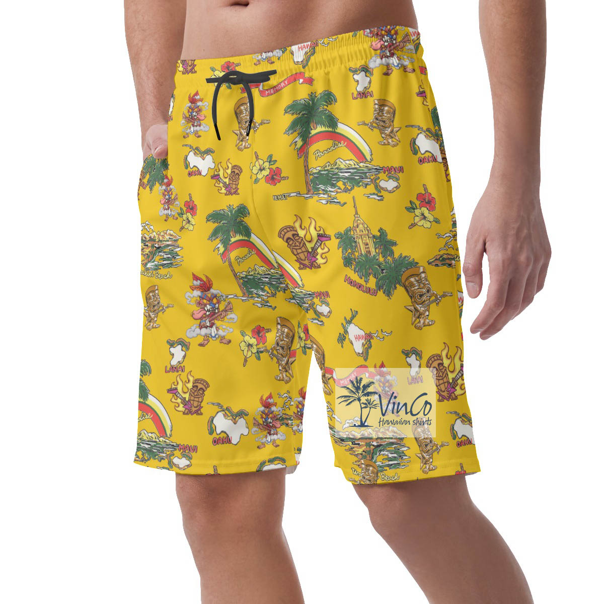 Funny Tiki Playing Guitar Tropical Yellow Hawaiian Beach Shorts For Men