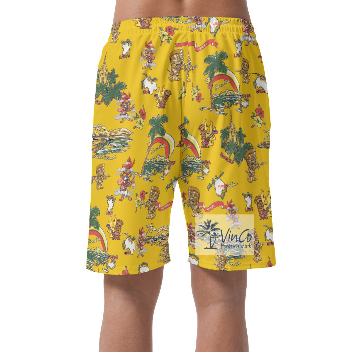 Funny Tiki Playing Guitar Tropical Yellow Hawaiian Beach Shorts For Men