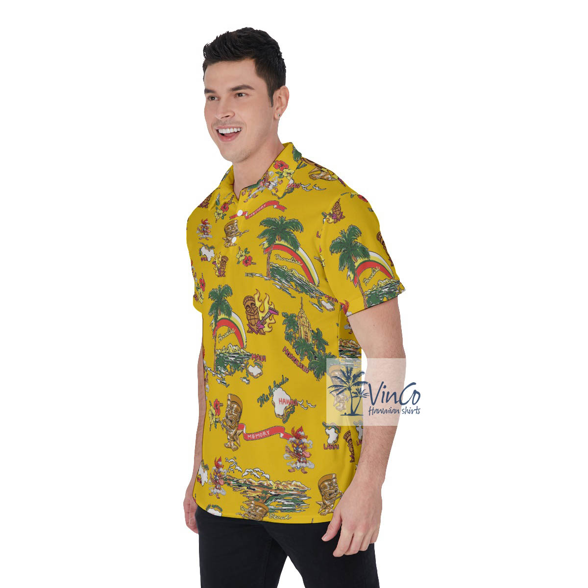 Tropical Islands Funny Tiki Playing Guitar Hawaiian Polo Shirt