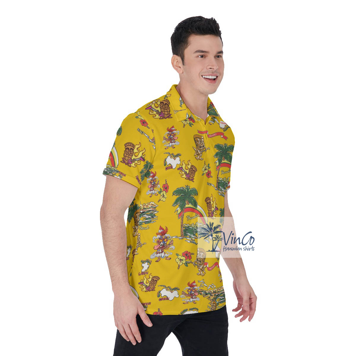 Tropical Islands Funny Tiki Playing Guitar Hawaiian Polo Shirt