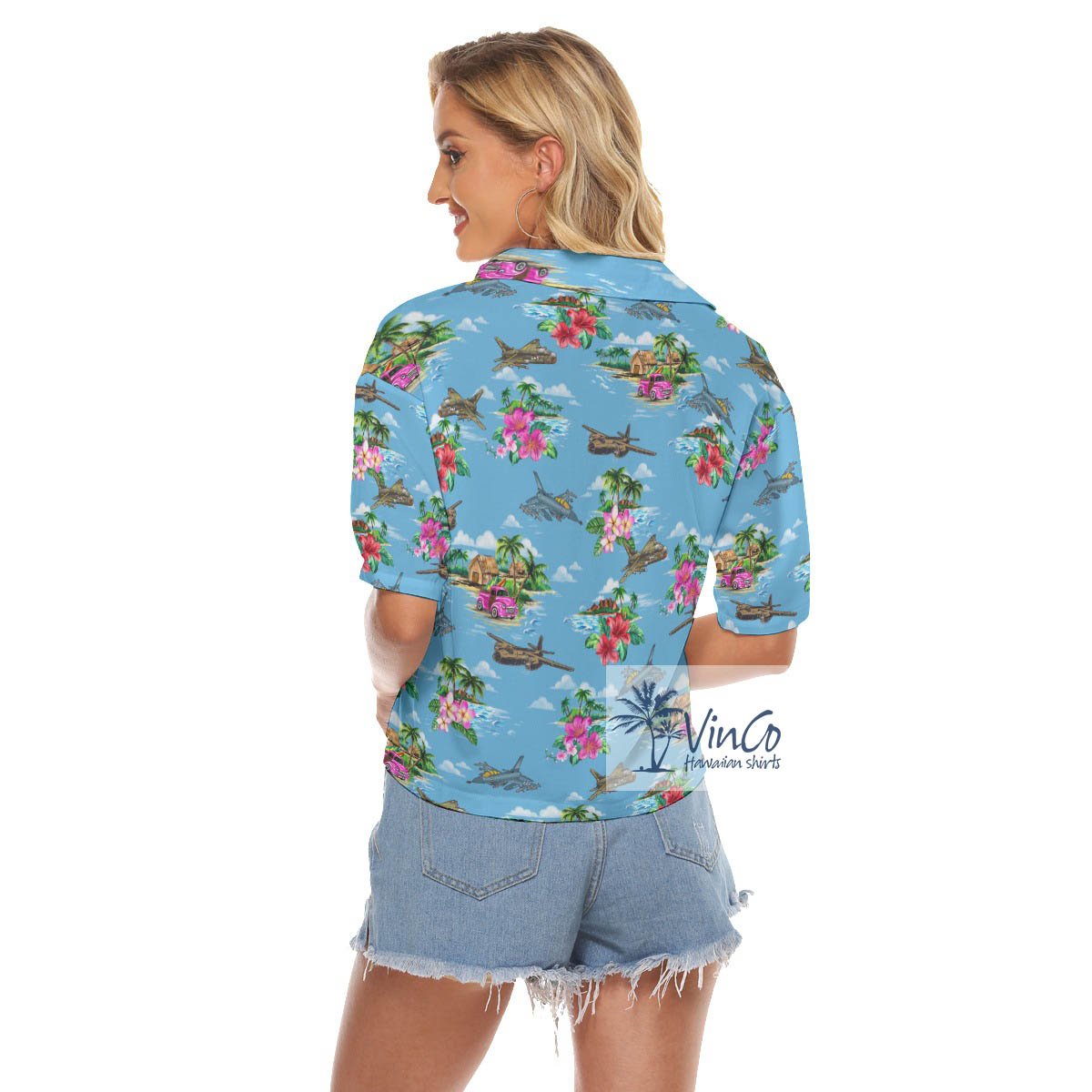 Tropical Islands Bomber Fighter Planes Hawaiian Cropped Shirt For Women