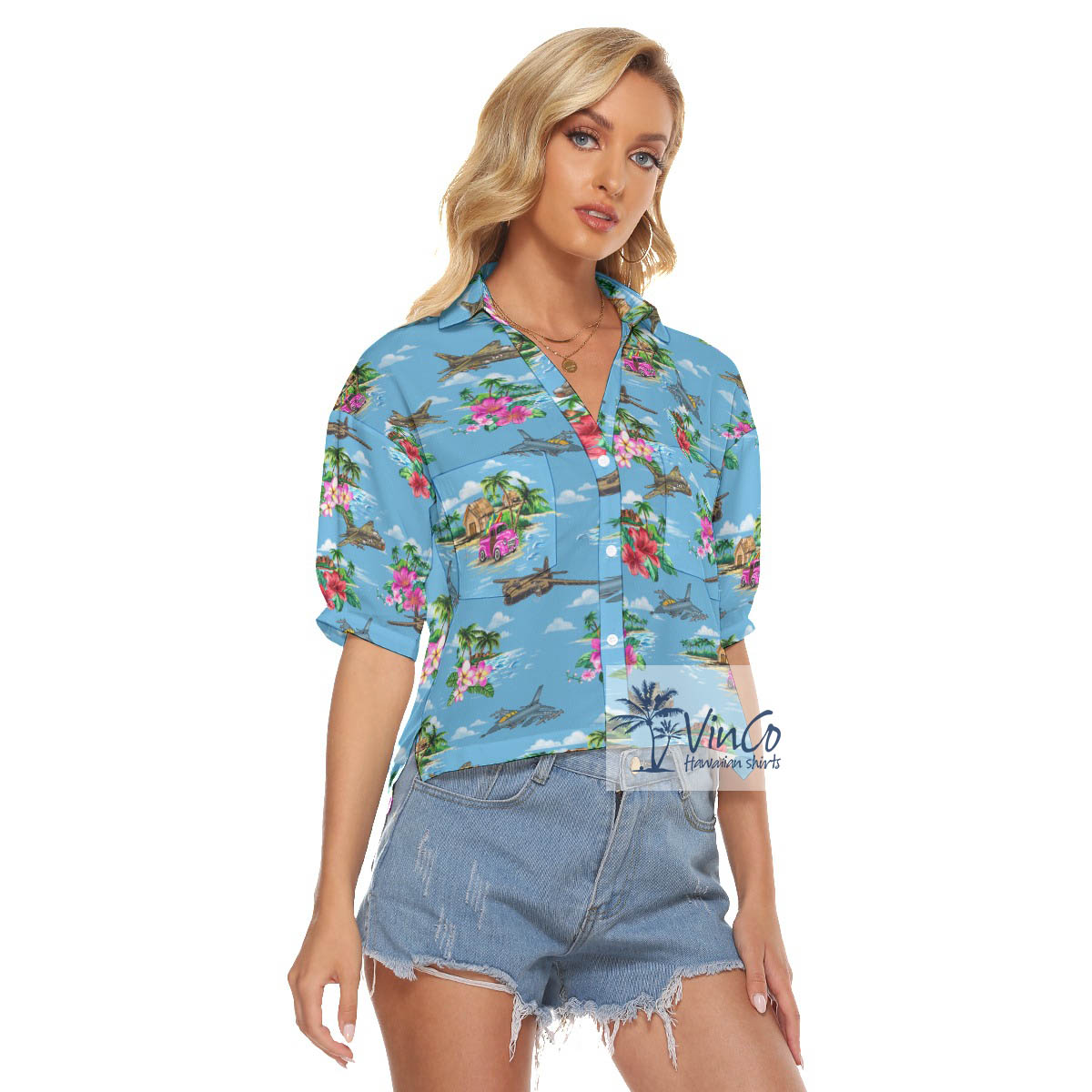 Tropical Islands Bomber Fighter Planes Hawaiian Cropped Shirt For Women