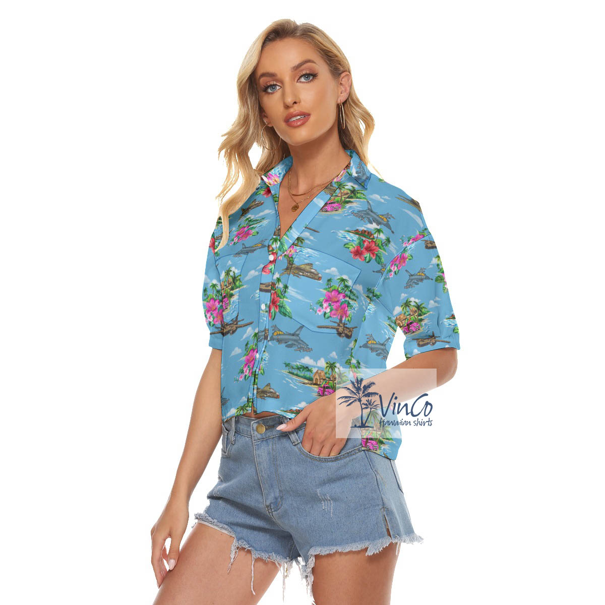 Tropical Islands Bomber Fighter Planes Hawaiian Cropped Shirt For Women