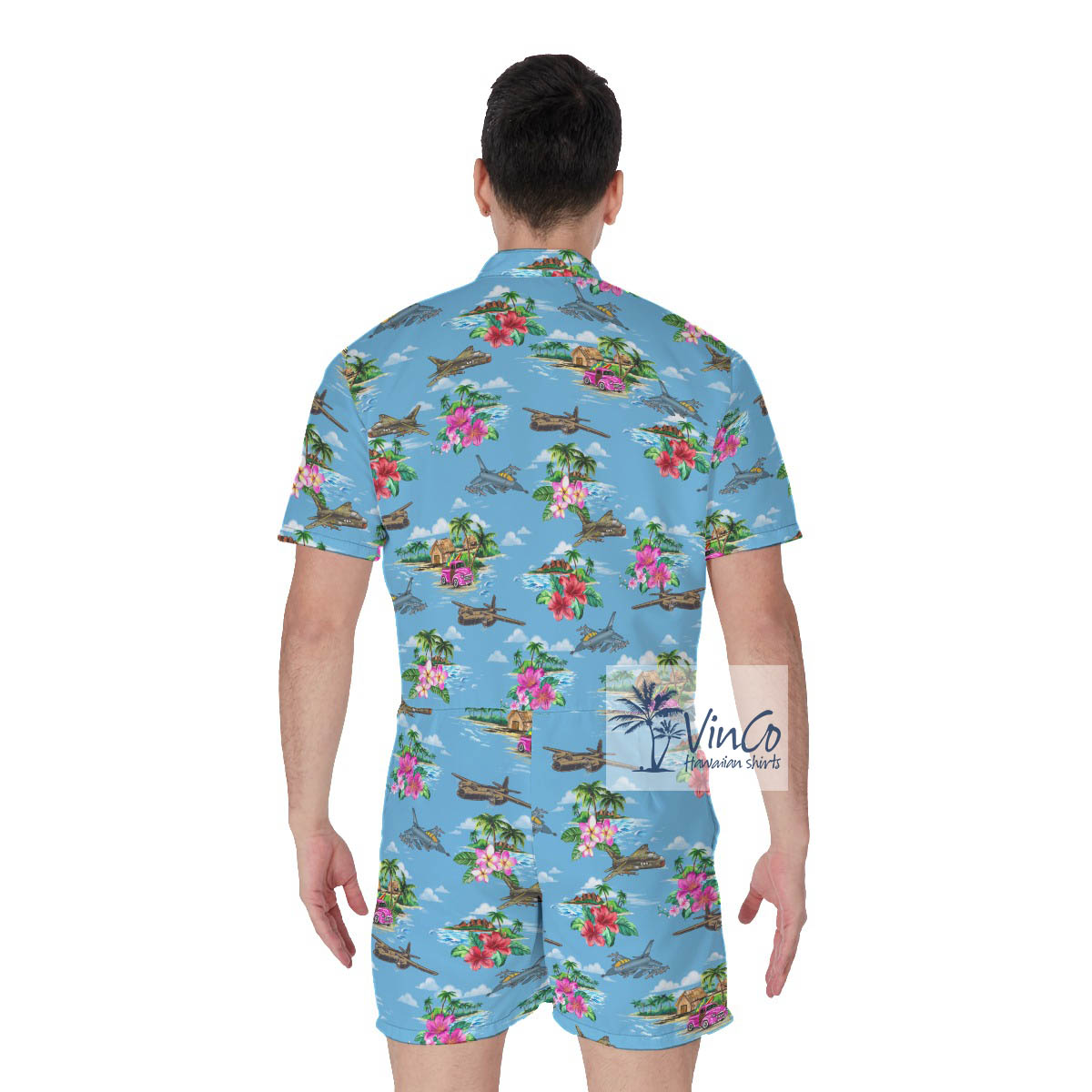 Tropical Hibiscus Airplanes Blue Hawaiian Romper For Men