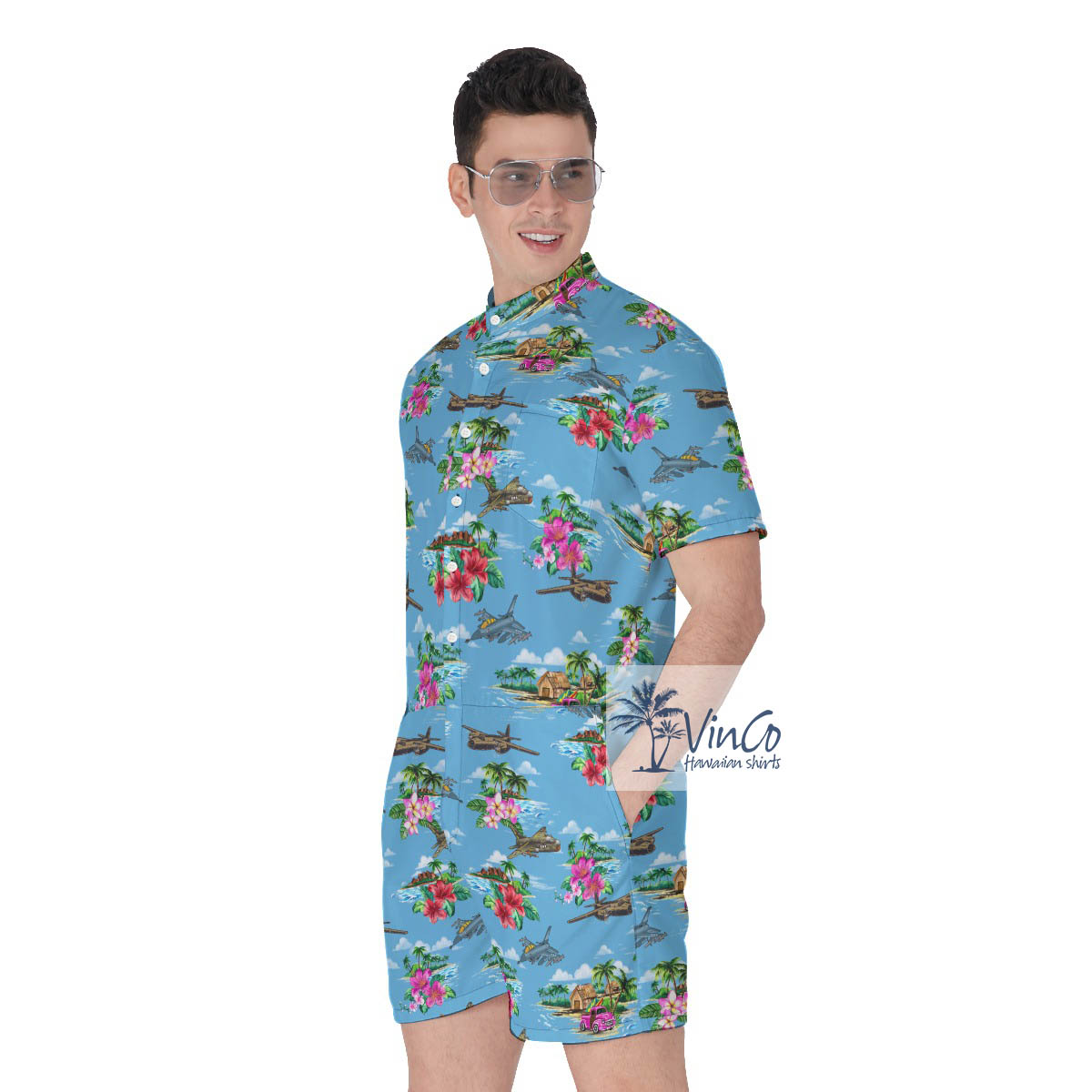 Tropical Hibiscus Airplanes Blue Hawaiian Romper For Men