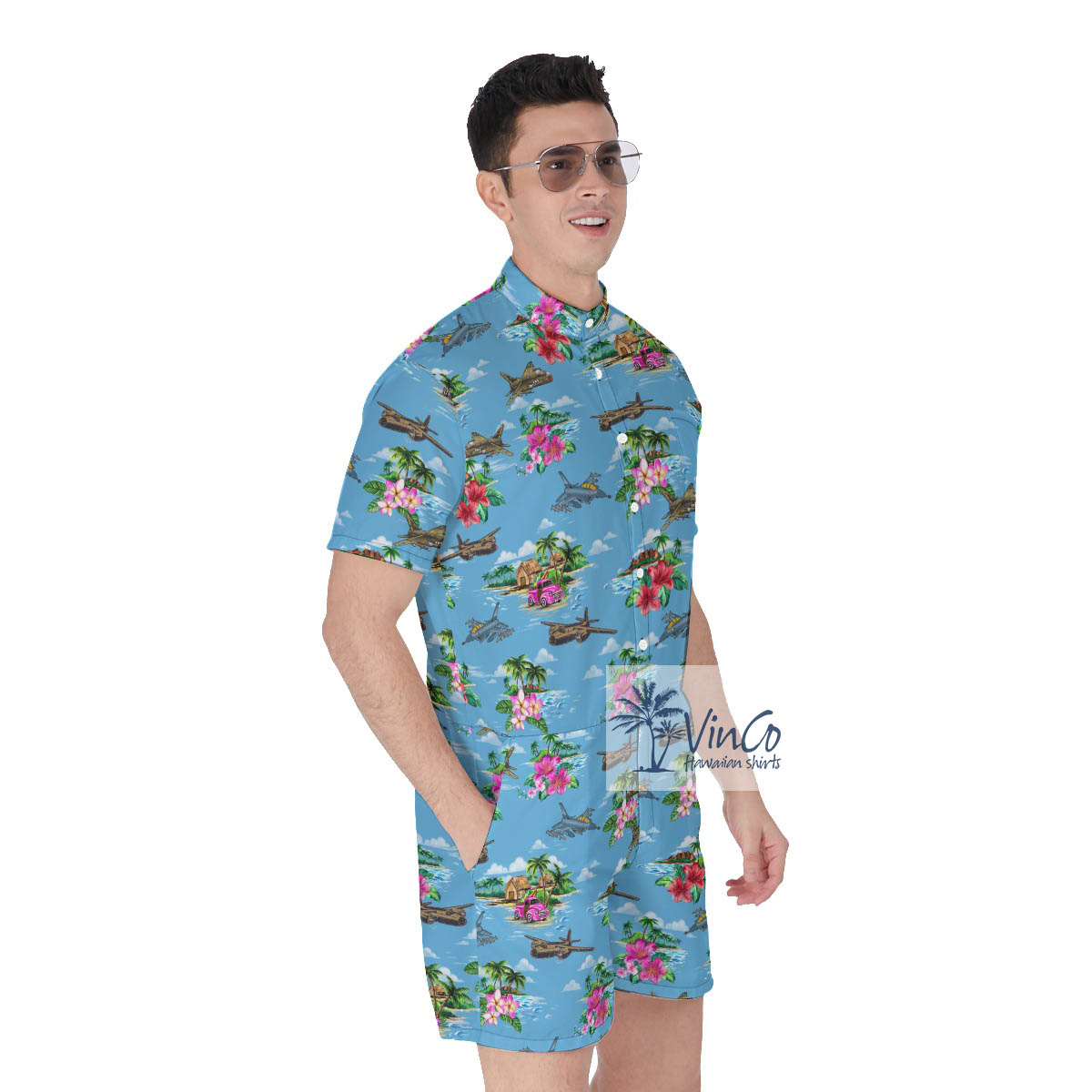 Tropical Hibiscus Airplanes Blue Hawaiian Romper For Men