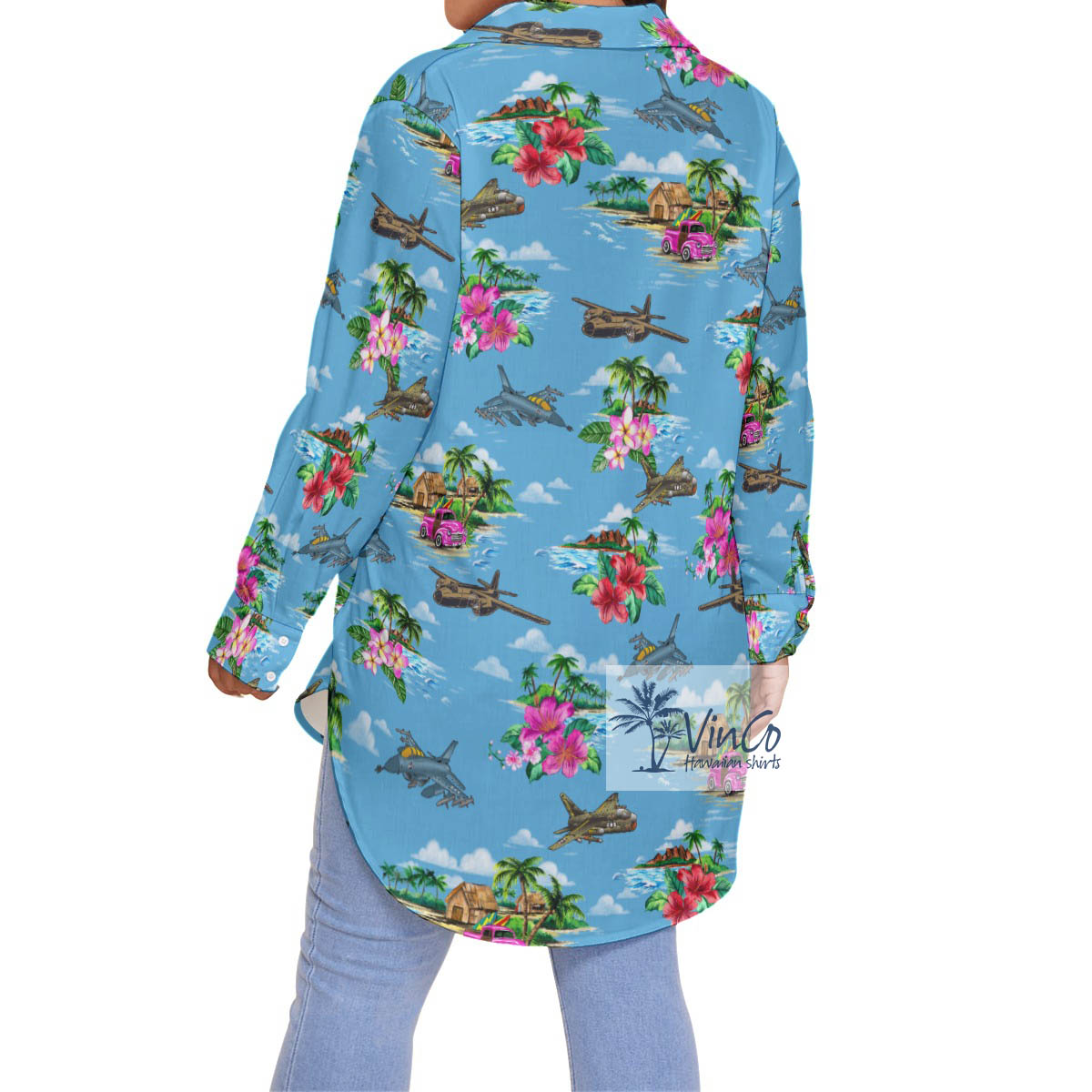 Tropical Islands Airplanes Vintage Hawaiian Blouse Shirt