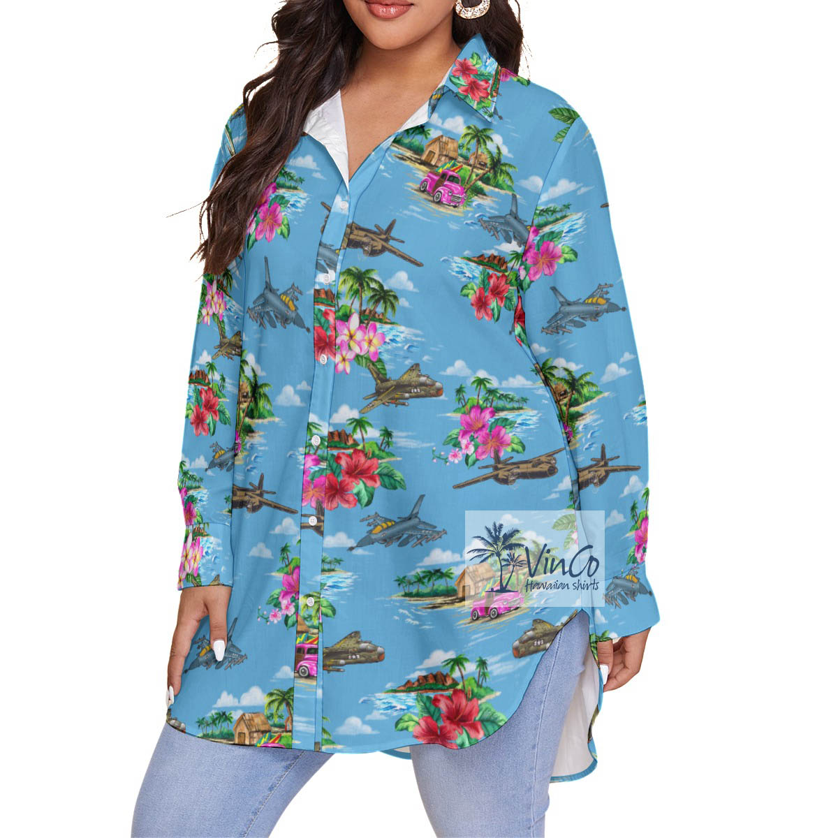 Tropical Islands Airplanes Vintage Hawaiian Blouse Shirt