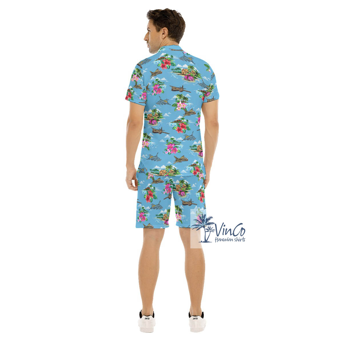 Set Tropical Bomber Fighter Planes Hawaiian Shirt And Matching Shorts For Men