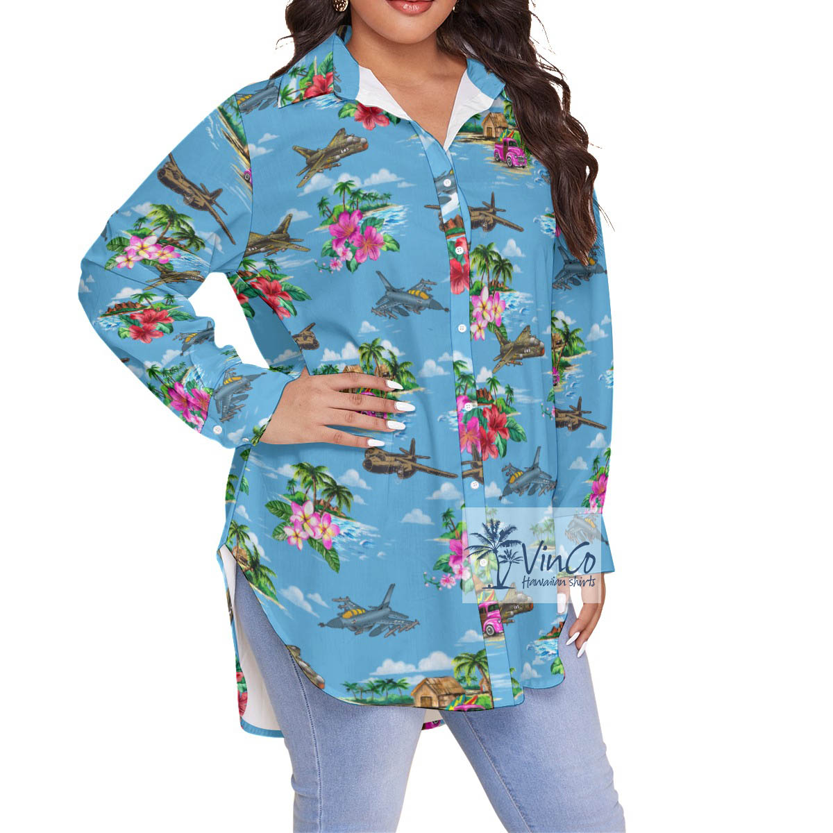 Tropical Islands Airplanes Vintage Hawaiian Blouse Shirt