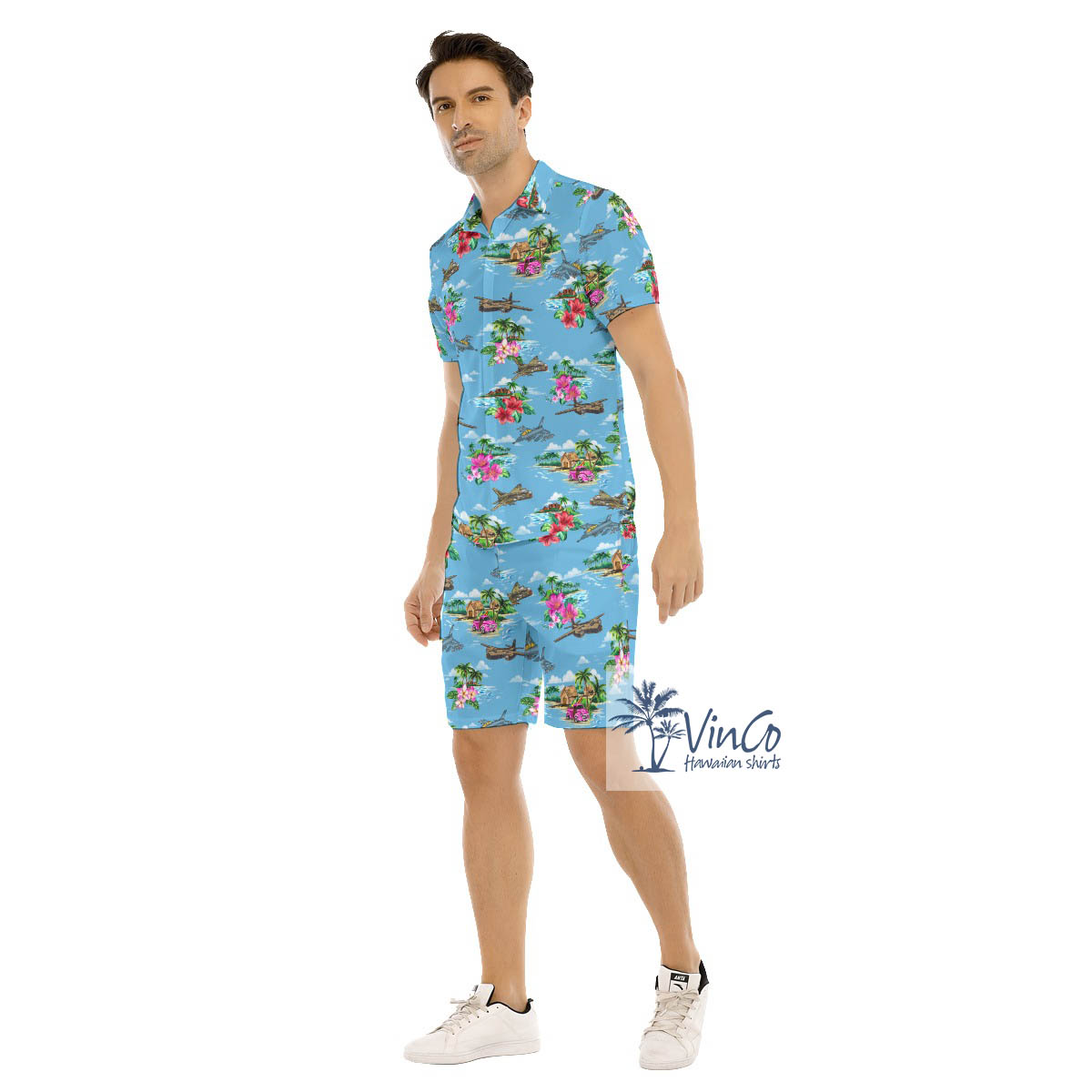 Set Tropical Bomber Fighter Planes Hawaiian Shirt And Matching Shorts For Men