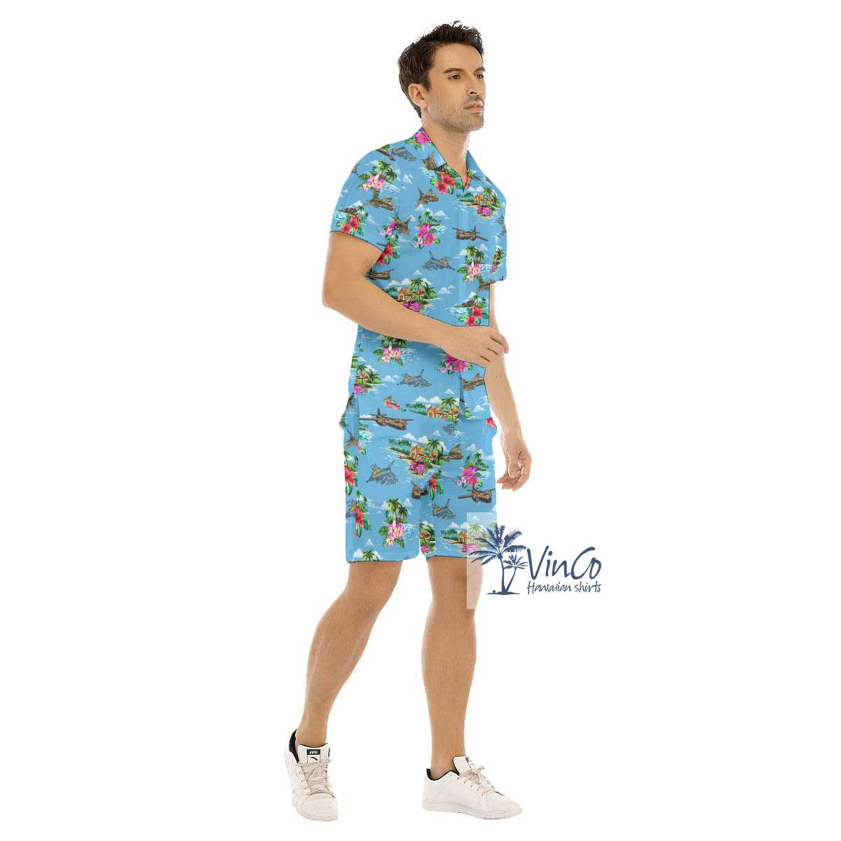 Set Tropical Bomber Fighter Planes Hawaiian Shirt And Matching Shorts For Men