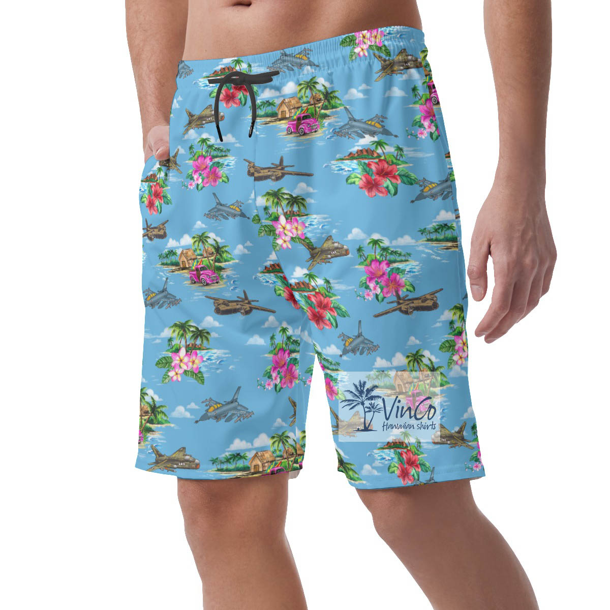 Vintage Airplanes Tropical Hawaiian Beach Shorts For Men