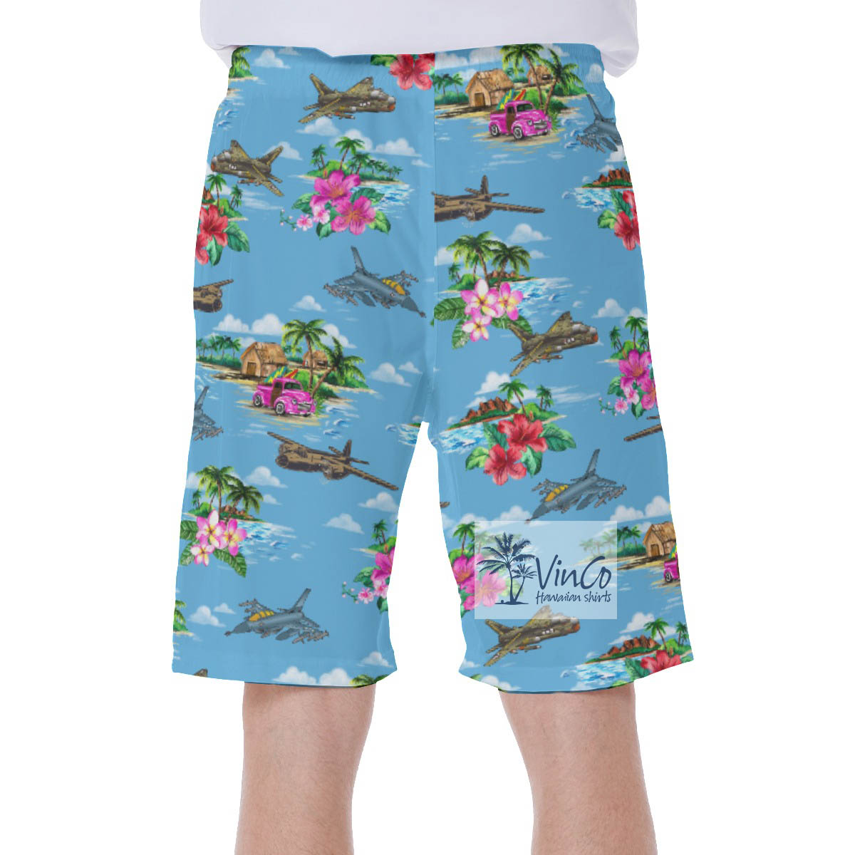Cool Bomber Plane Tropical Blue Hawaiian Swimming Trunks For Men