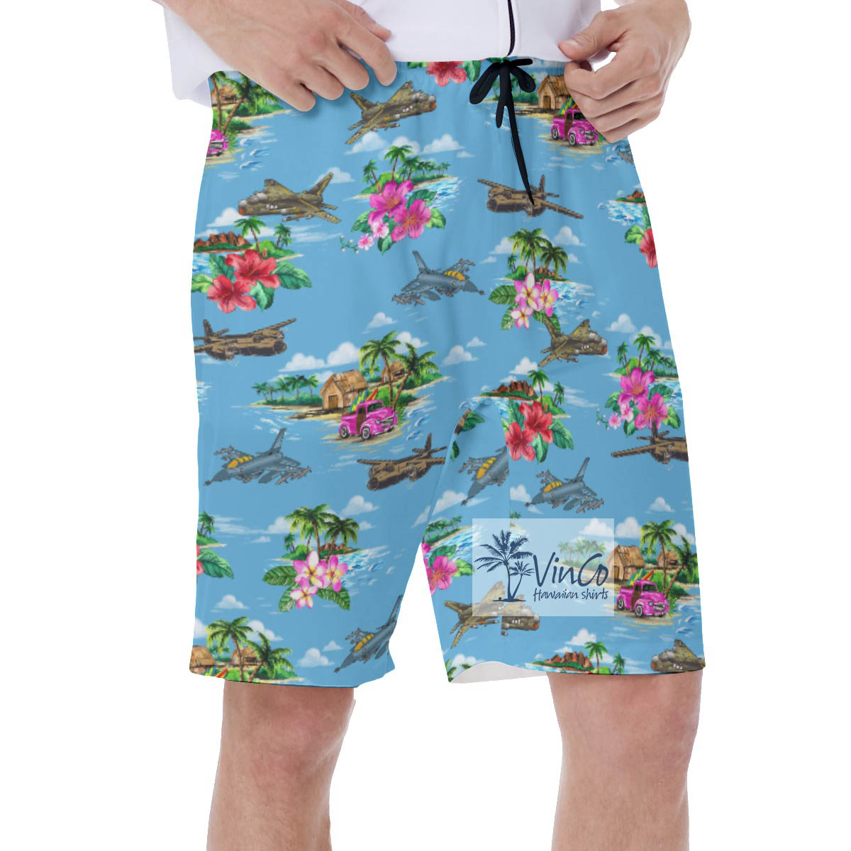 Cool Bomber Plane Tropical Blue Hawaiian Swimming Trunks For Men