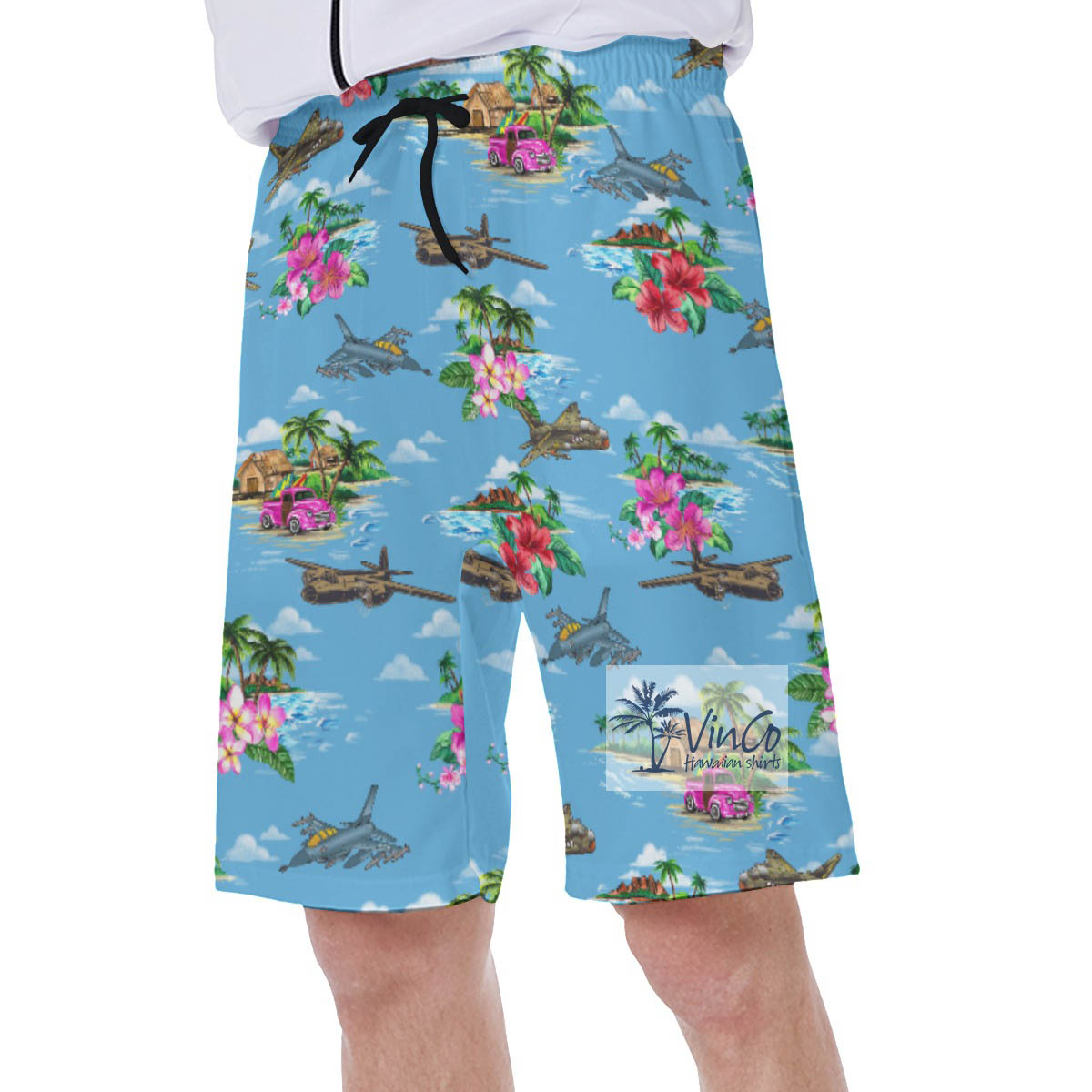 Cool Bomber Plane Tropical Blue Hawaiian Swimming Trunks For Men