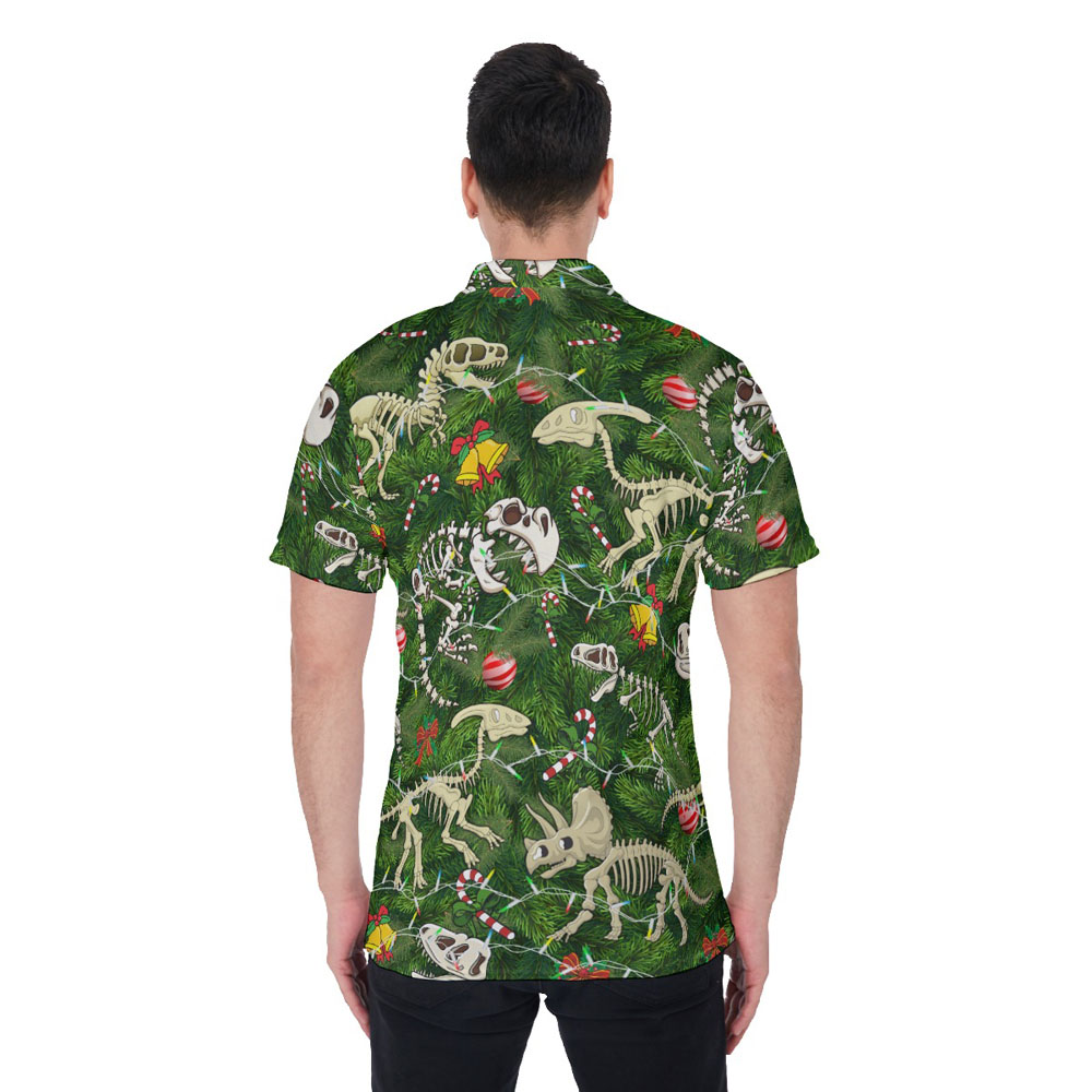 Christmas Dinosaur Skeleton Green Hawaiian Polo Shirt For Men