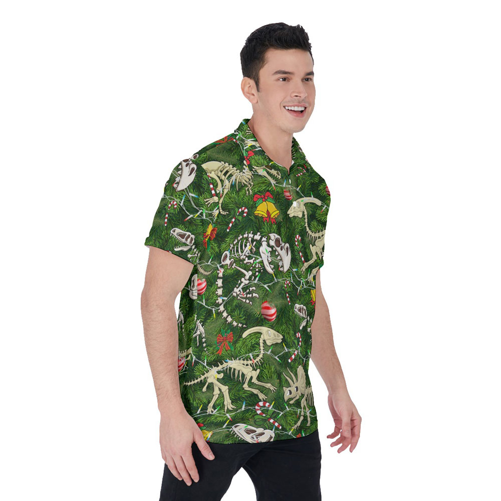 Christmas Dinosaur Skeleton Green Hawaiian Polo Shirt For Men