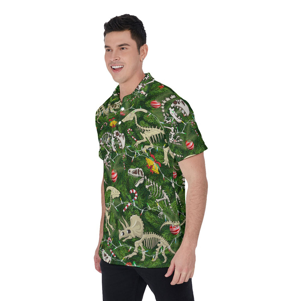 Christmas Dinosaur Skeleton Green Hawaiian Polo Shirt For Men