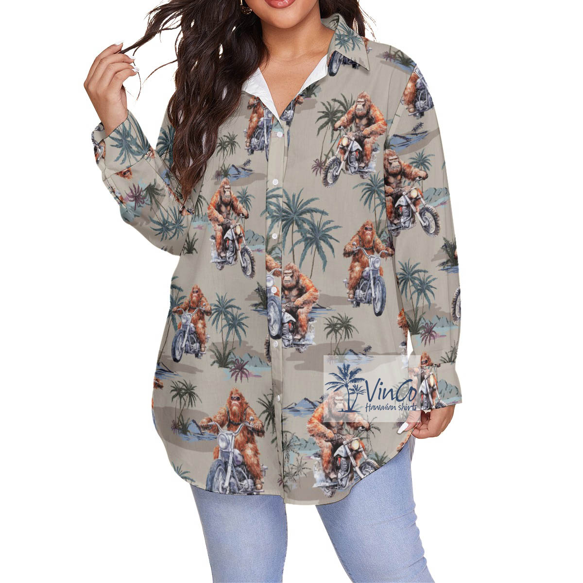 Funny Bigfoot Motorcycle Hawaiian Blouse Shirt For Women - variant image 1