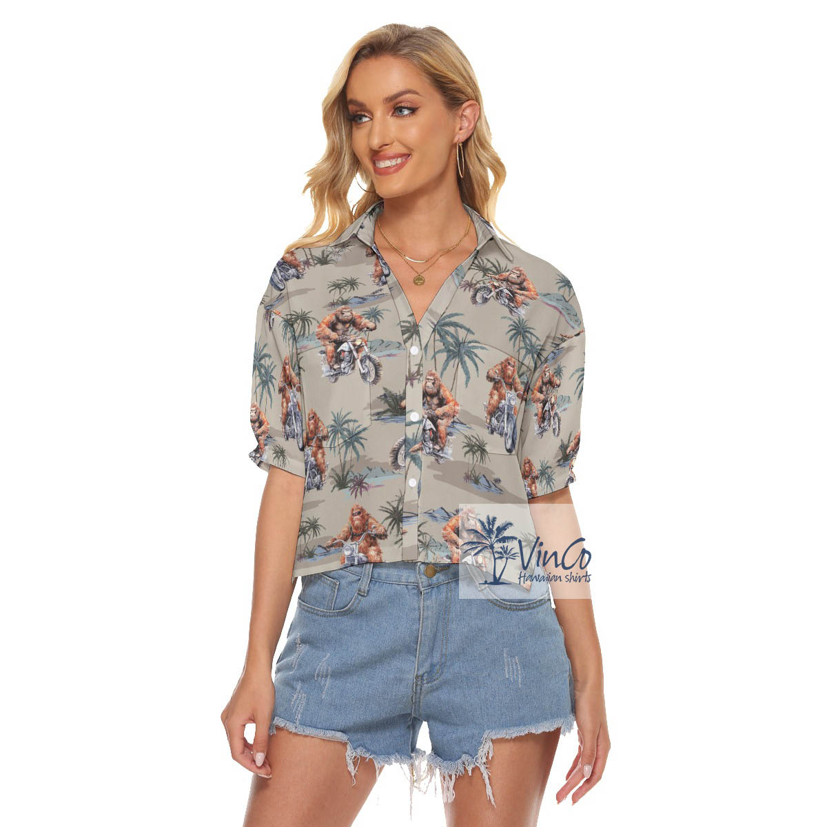 Tropical Bigfoot Motorcycle Hawaiian Cropped Shirt For Women - variant image 1