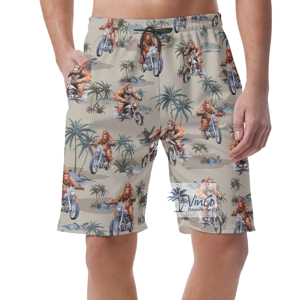 Funny Sasquatch Riding Motorcycle Hawaiian Beach Shorts - variant image 1