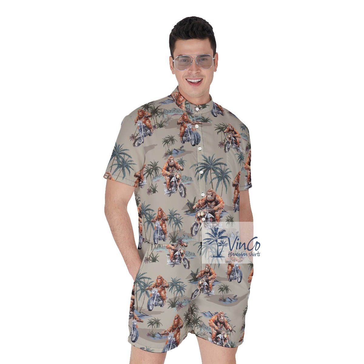 Funny Motorcycle Bigfoot Hawaiian Romper - variant image 1
