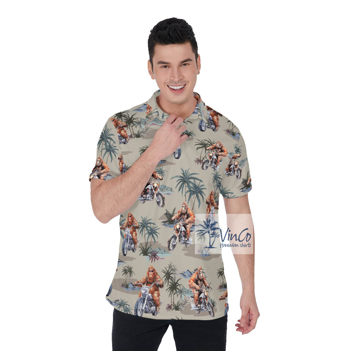 Funny Bigfoot Motorcycle Hawaiian Polo Shirt - variant image 1