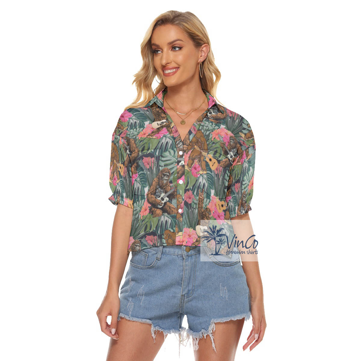 Funny Bigfoot Guitar Tropical Hibiscus Women's Hawaiian Cropped Shirt - variant image 1