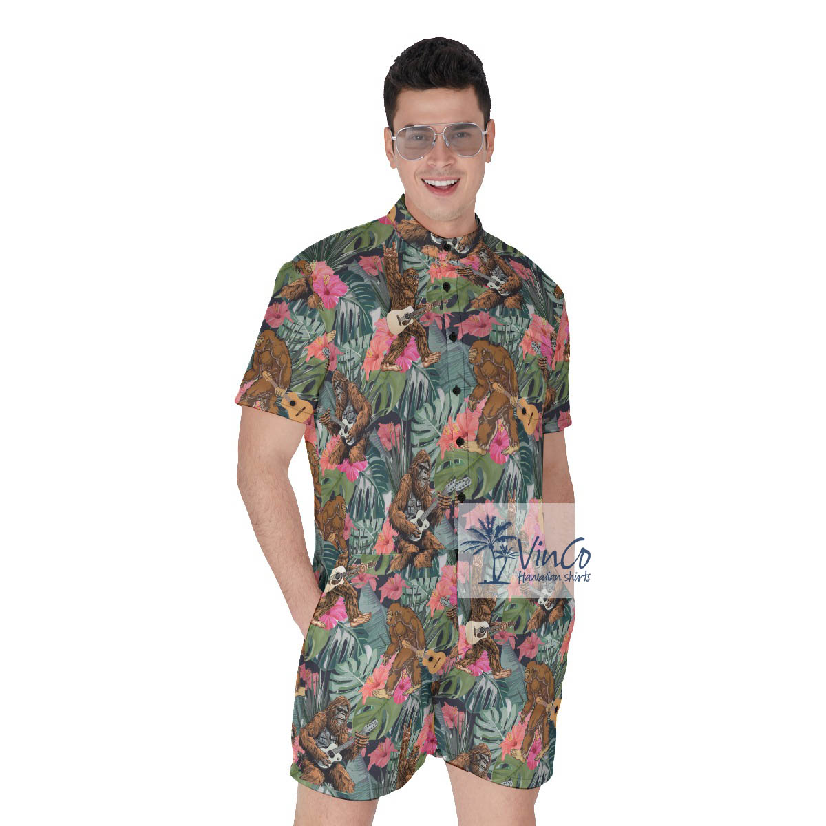 Tropical Bigfoot Guitar Hawaiian Romper For Men - variant image 1