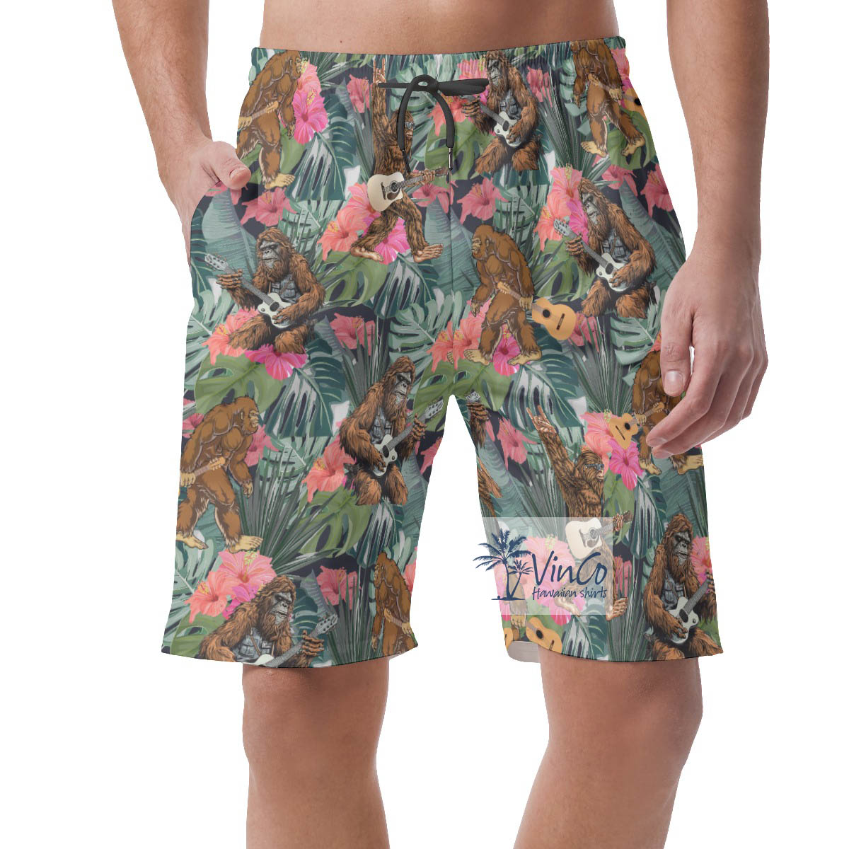 Funny Sasquatch With Guitar Tropical Hawaiian Beach Shorts For Men - variant image 1