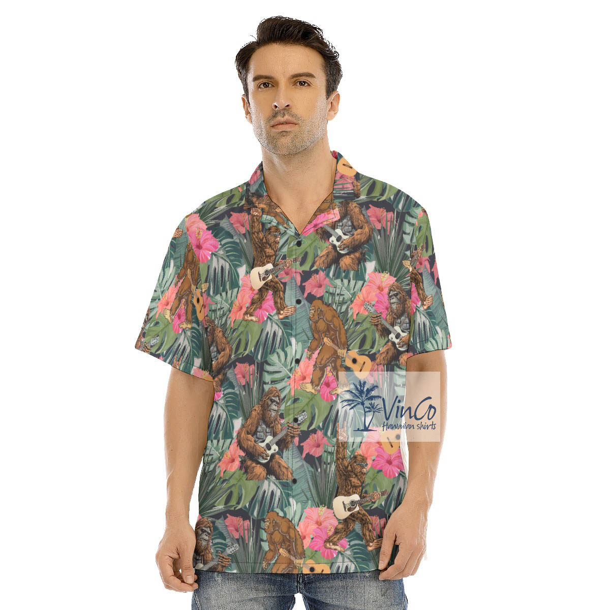 Funny Bigfoot Guitar Tropical Hibiscus Hawaiian Shirt - variant image 1
